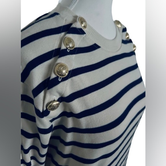 Cotton DEREK LAM IO Navy & Cream Knit Top Sweater Shirt Designer Gold Buttons SM - Picture 4 of 11